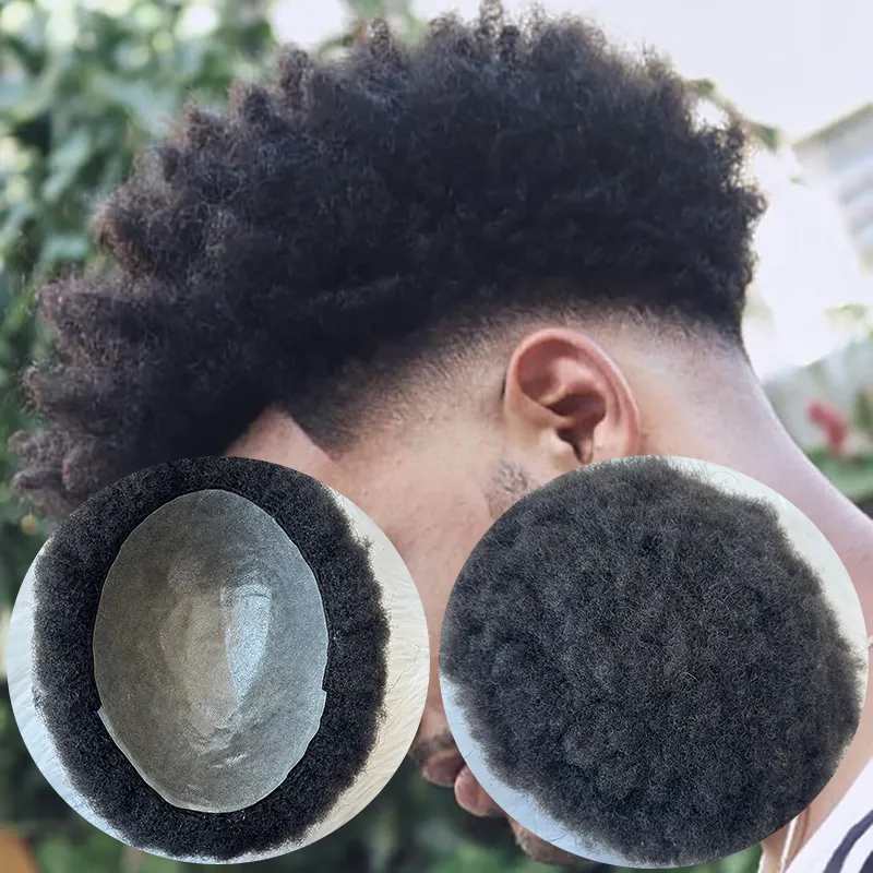 Venta al por mayor 4mm 12mm Afro rizado onda PU piel fina Base hombres tupé pieza de pelo Natural Sistema de reemplazo para hombre calvo hombre negro