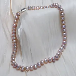 Putih merah muda ungu 8-9mm bentuk bulat alami air segar mutiara kalung 925 perak murni air segar mutiara perhiasan