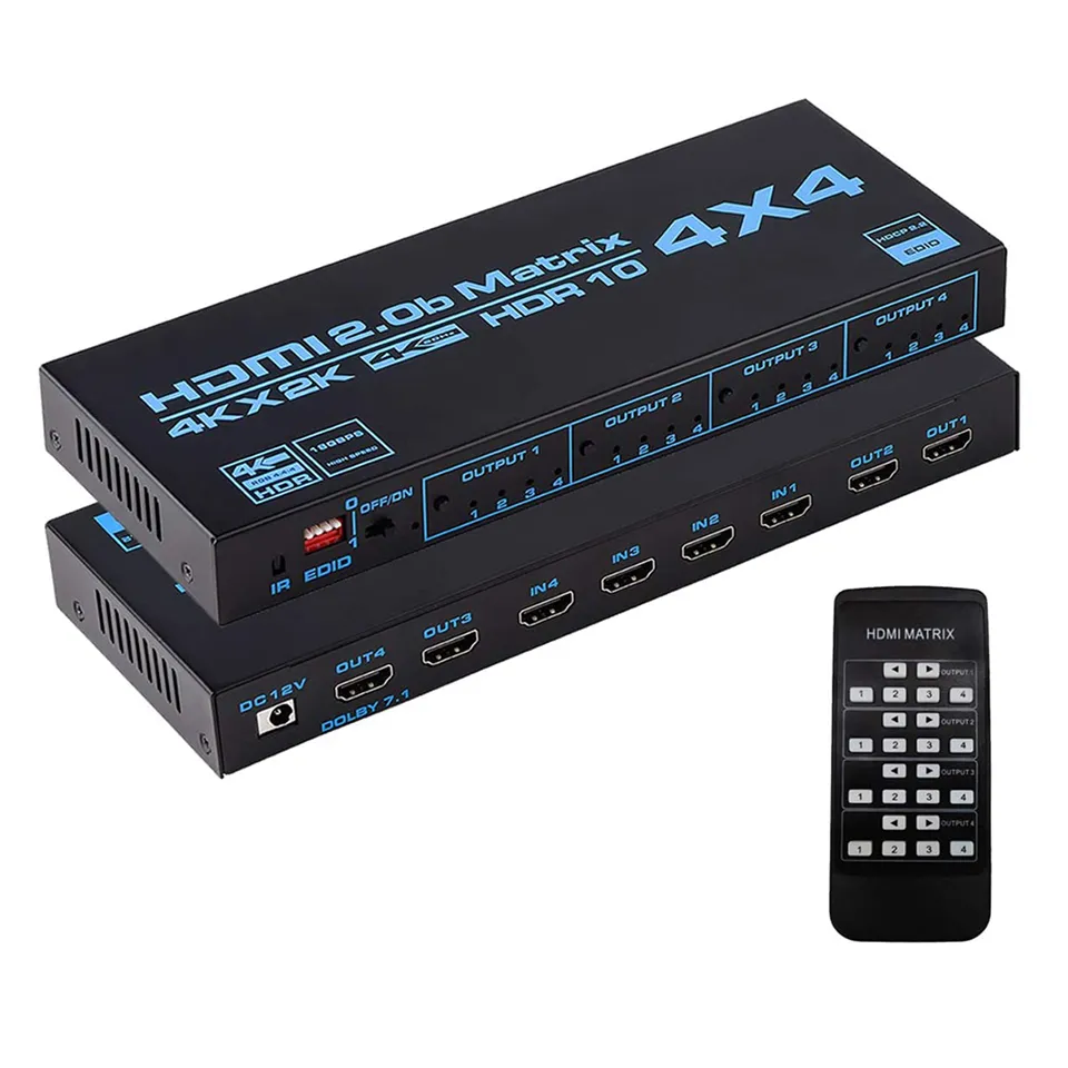 4K HDMI 2.0b Matrix Switch 4x4 Switcher Splitter 4 in 4 Out Box with SPDIF EDID Extractor IR Remote Control Support HDCP 2.2 ARC