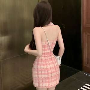 Commercio all'ingrosso in puro poliestere Casual estate senza maniche Vintage tinta unita girocollo Mini rosa senza spalline in <span class=keywords><strong>Tweed</strong></span> vestito attillato Sexy - Product Image 5