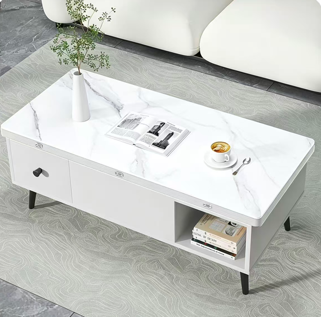 Multifunctional Lifting Solid Wood Tempered Glass Modern Coffee Table with Storage for Living Room