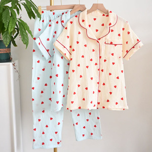 PJ-1469 Sweet Heart Print Pajamas Women Short Sleeve Long <b>Pants</b> Pure Cotton Thin Summer Loungewear For Home Young Women - Product Image 4