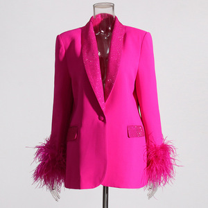 Neuer Modischer Rosa Damen Slim-Fit Luxus Strass-Diamant Feder Langarm Atmungsaktiver Seidenfutter <span class=keywords><strong>Blazer</strong></span> Trenchcoat - Product Image 2