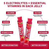 Gelée d'électrolytes à la fraise : reconstitue rapidement les minéraux, hydrate efficacement, soulage la fatigue, idéale pour le sport et les activités de plein air.