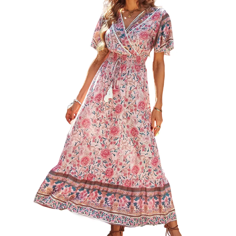 2022 New Women Holiday Long Dresses Casual Floral Print Boho Chic Maxi Dress