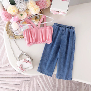 ชุดเสื้อผ้าเด็กผู้หญิงสำหรับฤดูร้อน ชุดลำลอง เสื้อกั๊กผูกโบว์สีพื้น กางเกงยีนส์ลายหัวใจ สำหรับเด็กวัยเตาะแตะ ชุดสองชิ้น - Product Image 2