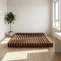 Lit Tatami Fluide en Bois Massif de Frêne Ancien Style Médiéval Sans Tête de Lit avec Cadre de Suspension Double/Simple
