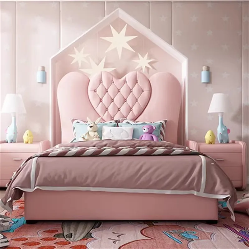 Luxo Kids Bedroom Set Lovely Pink Girls Bed Fantasia Confortável Crianças Quarto Mobiliário Set