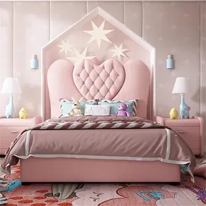 Ensemble de chambre à coucher de luxe pour enfants Joli lit rose pour filles Ensemble de meubles de chambre à coucher fantaisie et confortable pour enfants