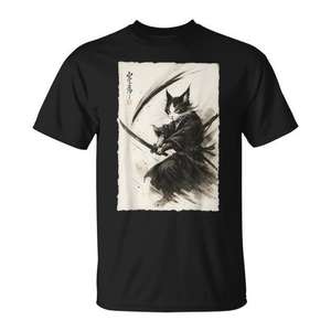 Samurai Cat Japanese Ukiyo E Warrior T-shirt graphique noir taille moyenne - Product Image 1