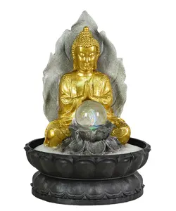 Buda LED çeşme Lotus döner topu masaüstü çeşme Rockery şelale su çeşmesi altın reçine ev dekorasyon dini G