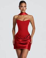 Robe Courte Sexy Bustier Corset avec Foulard Ras-du-Cou et Dos Lacé en Satin Froncé, Robe Moulante pour Femme, Soirée, Club, Fête