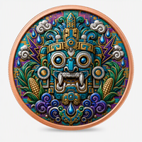 Pièces de monnaie en cuivre à haute relief 5 oz .999 Cuivre pur rond Masque du Dieu de la Pluie aztèque Pièces de monnaie en cuivre avec impression UV colorée