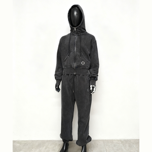 Men's Hoodies Rhinestone 100% Cotton <b>Sweatpants</b> and Hoodie Acid Wash Set <b>Oversized</b> Full Zip up Custom Heavyweight for Men - Product Image 1