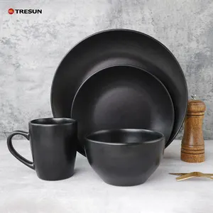 ceramic supplier sering dishes mug bowl 16-pieces pcs round glossy black glaze stoneware dinnerware set serve for 4 person