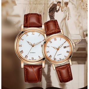 <b>Couple</b> Automatic Mechanical Water Resistant Crystal Roman Dial Leather Strap Unisex <b>Watch</b> - Product Image 4