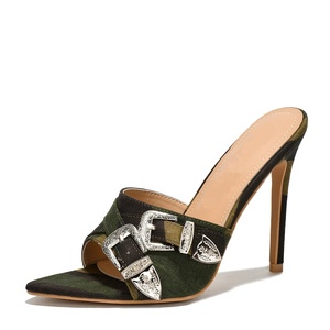 Camouflage Metal Buckle Women Peep Toe Sandals Stiletto Dress Shoes Thin High <b>Heels</b> on Denim Mules Slides - Product Image 6