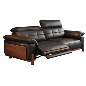 Canapé d'angle électrique 3 places en cuir véritable pleine fleur noir, style moderne mi-contemporain, avec structure en bois, idéal pour hôtels et villas - Product Image 1