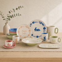 Vaisselle en céramique motif lapin de printemps, vaisselle en grès pastel floral, impression personnalisée, décoration de table pour la saison de Pâques, service de table en gros