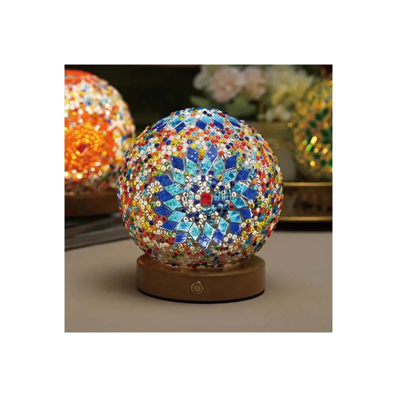 Lampe de table turque rétro mosaïque créative boule de verre décoration lampe de chevet vente chaude style bohème base en bois veilleuse