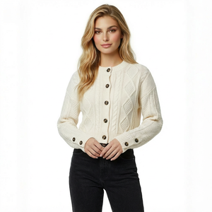 קרדיגן נשים איכותי, סריג רך, ויסקוזה/כותנה, נגד כדוריות, צווארון עגול, חד-כפתורי, סתיו, לוגו קדמי - Product Image 1