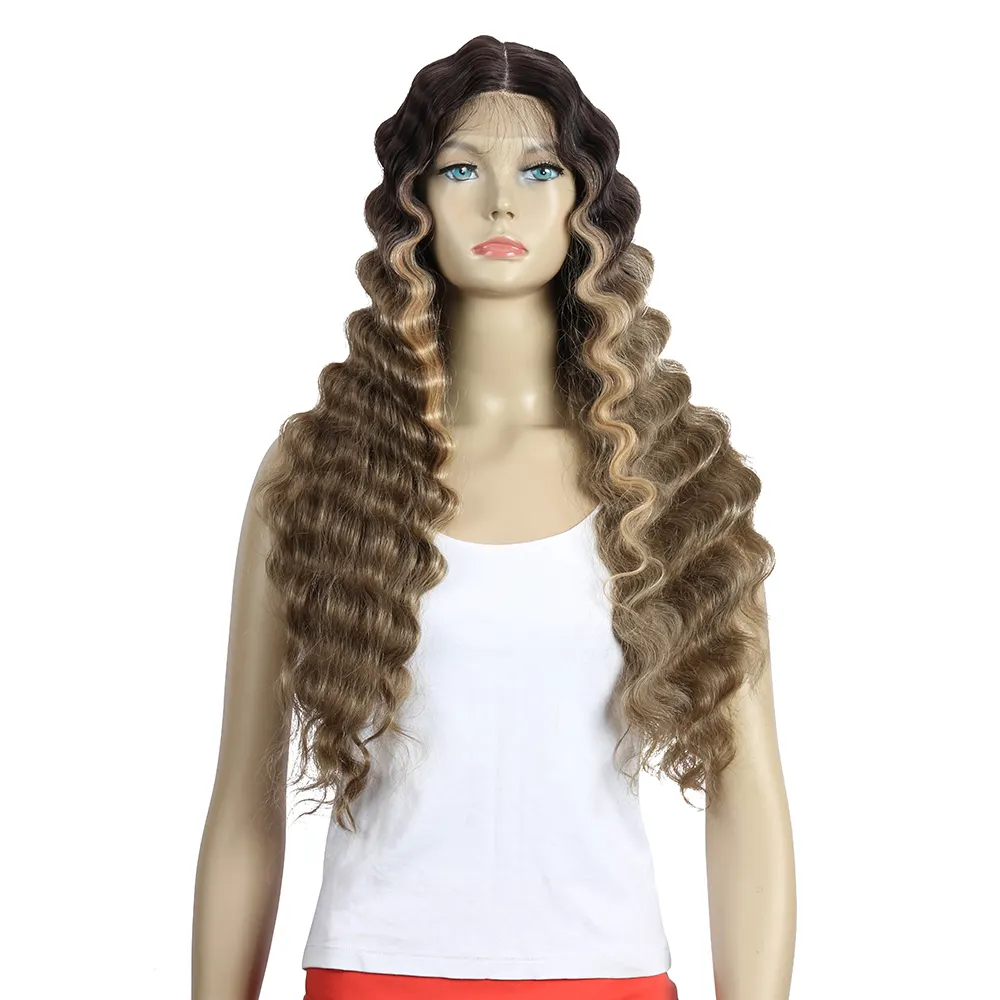 Ombre Hair Color 28 Inch Long Deep Wave Wig Middle Part Lace Wigs For Black Woman Synthetic Wig With Lace Front