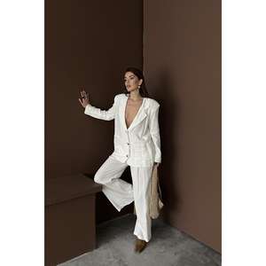 Conjunto de Traje Oversize de Lino para Mujer, Pantalones Anchos Transpirables Blancos, Blazer 100% Lino - Product Image 5