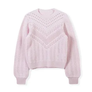 2024 Custom OEM & ODM Damen Luxus elegante Herbst Winter Rundhals ausschnitt Langarm Pointe lle Pullover Pullover Ottomane Stich