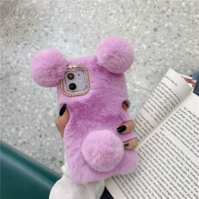 Wholesales Shockproof Pink Cartoon Cute Back Mobile Cases Cover for Iphone TPU Cute Panda Plush Furry Phone Case
