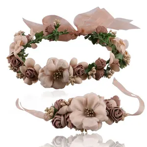 Factory Wholesale Top Quality Artificial Flower Crown Hair Band Wedding Flower Garland Headband 2ピース/セットPaternity Suit