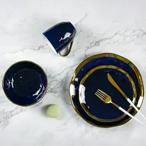 Для домашнего использования, Glazed с настоящим золотом дизайн наборы посуды 16 шт военно-морской флот керамические наборы посуды