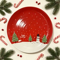 Assiette à dessert en céramique de Noël Bonhomme de neige rouge, design mignon de dessin animé, forme plate, compatible micro-ondes et lave-vaisselle, style Instagram