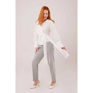 <b>Wrap</b> Collar <b>White</b> Shirt Women Poplin Office Button Down Blouse With Side Tie Detail - Product Image 3