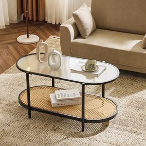 Mesa de Centro Ovalada Moderna con Tapa de Vidrio Templado y Estante de Ratán de PVC, Patas de <span class=keywords><strong>Metal</strong></span>, Mueble de Salón con Almacenamiento de 2 Niveles - Product Image 1