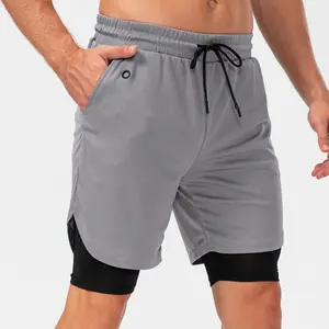 男士2合1跑步短裤带衬垫快速干运动短裤带口袋男士运动短裤