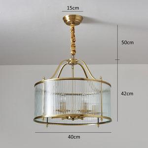 Lustre moderne en laiton et verre, luminaire suspendu <span class=keywords><strong>LED</strong></span> <span class=keywords><strong>E14</strong></span>, verre nervuré en forme de tambour, lampe de plafond pour salle à manger, bureau, décoration intérieure - Product Image 6