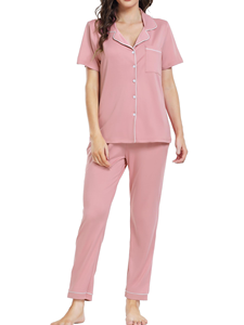 Ensemble de pyjama en coton rose pour femmes, manches courtes, boutons sur le devant, vêtements de nuit classiques, pantalon long, doux et confortable, vêtements de printemps - Product Image 1