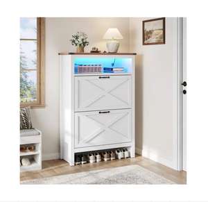 ארון נעליים עם 2 מגירות הפוך 24 זוגות מתלה נעליים ארגונית עם מדפים פתוחים וארון אחסון נעליים באור LED - Product Image 2