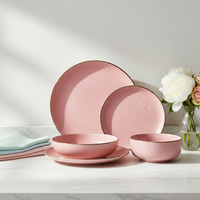Lot de 16 pièces de vaisselle nordique en grès rose à bord doré, assiettes et bols en porcelaine écologiques, vente en gros