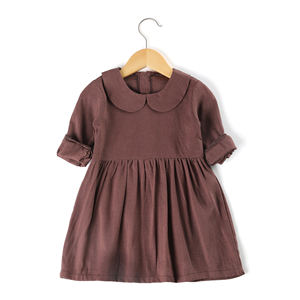 Großhandel Baby Mädchen 100% Leinen Baumwolle Kleid Kleinkind kleines Mädchen Pfanne Kragen Holz Knöpfe Frühling Herbst Vintage Mode weiches Kleid - Product Image 5