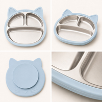 Ensemble de vaisselle pour bébé sur le thème du chat bleu, bol, assiette, tasse, intérieur en acier inoxydable, extérieur en silicone, ventouse, vaisselle pour tout-petits, ensemble de sevrage