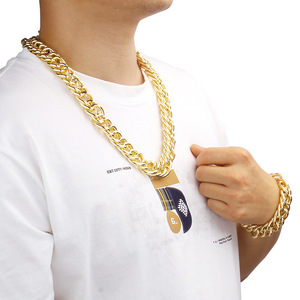 Gold Aluminum Chain Necklace And <b>Bracelet</b> <b>Set</b> For Men Women Street Fashion Hip Hop Jewelry Zinc Alloy Geometric Design - Product Image 3