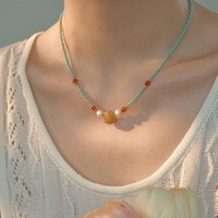 Collier de perles turquoise et ambre de style chinois, chaîne de clavicule en U, bijoux vintage médiévaux pour femmes, vente en gros