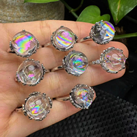 Bague ajustable en argent S925 avec sphère de quartz arc-en-ciel naturel de 12 à 13 mm, ornée de cristaux clairs et fumés, pour la vente en gros