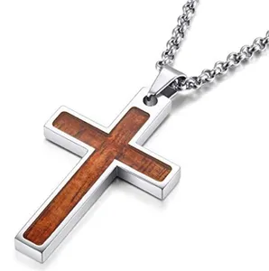 Stainless Steel Cross Pendant Necklace Wood Inlay for Men