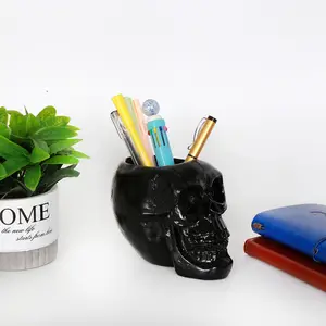 Desktop Flower Pot Resin Skeleton Head Stationery Pens Organizer Skull Pen Holder Cup Black Skull Makeup Brush Holder Ornament