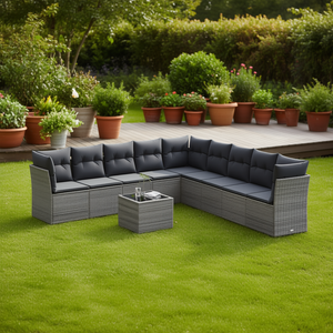 Ensemble de salon de jardin 10 pièces avec pieds réglables en rotin PE gris, mobilier d'extérieur au design contemporain - Product Image 2