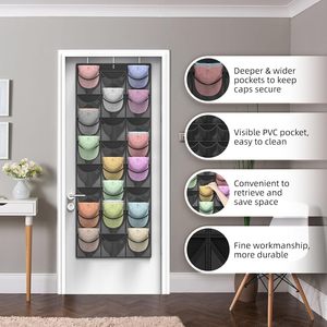 <b>Hat</b> Organizer Rack 24 Pockets Deeper Storage For Baseball Caps Door Wall Hanging With 3 Hooks Black - Product Image 4