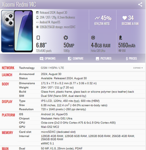 Smartphone 14C con pantalla original de 6.88 pulgadas, 256 GB, carga rápida, versión LTE para EE. UU., Reino Unido, Francia e Italia - Product Image 6