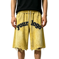 Short vintage pour homme, délavé, 480 g/m², avec logo brodé personnalisé, ourlet déchiré, haute qualité, fabriqué en Chine